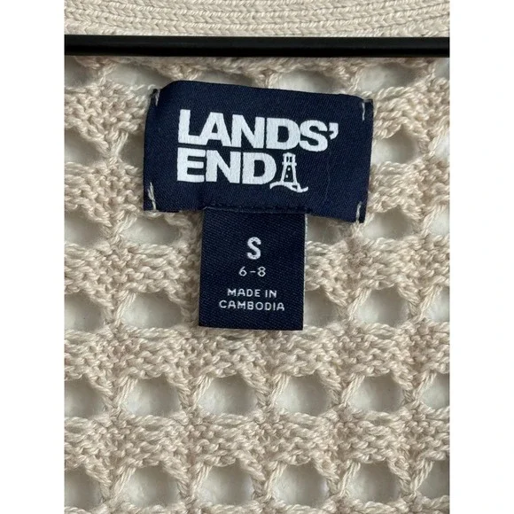 Lands' End Boho Beige Crochet Open Knit V-Neck Sweater Tunic S Coastal Chic Airy - Picture 6 of 9